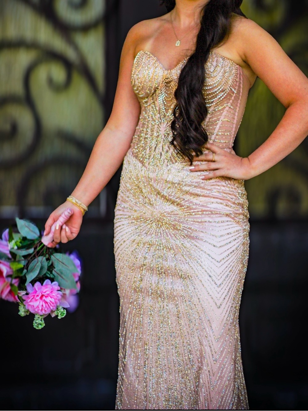 Rose gold sparkling prom dress